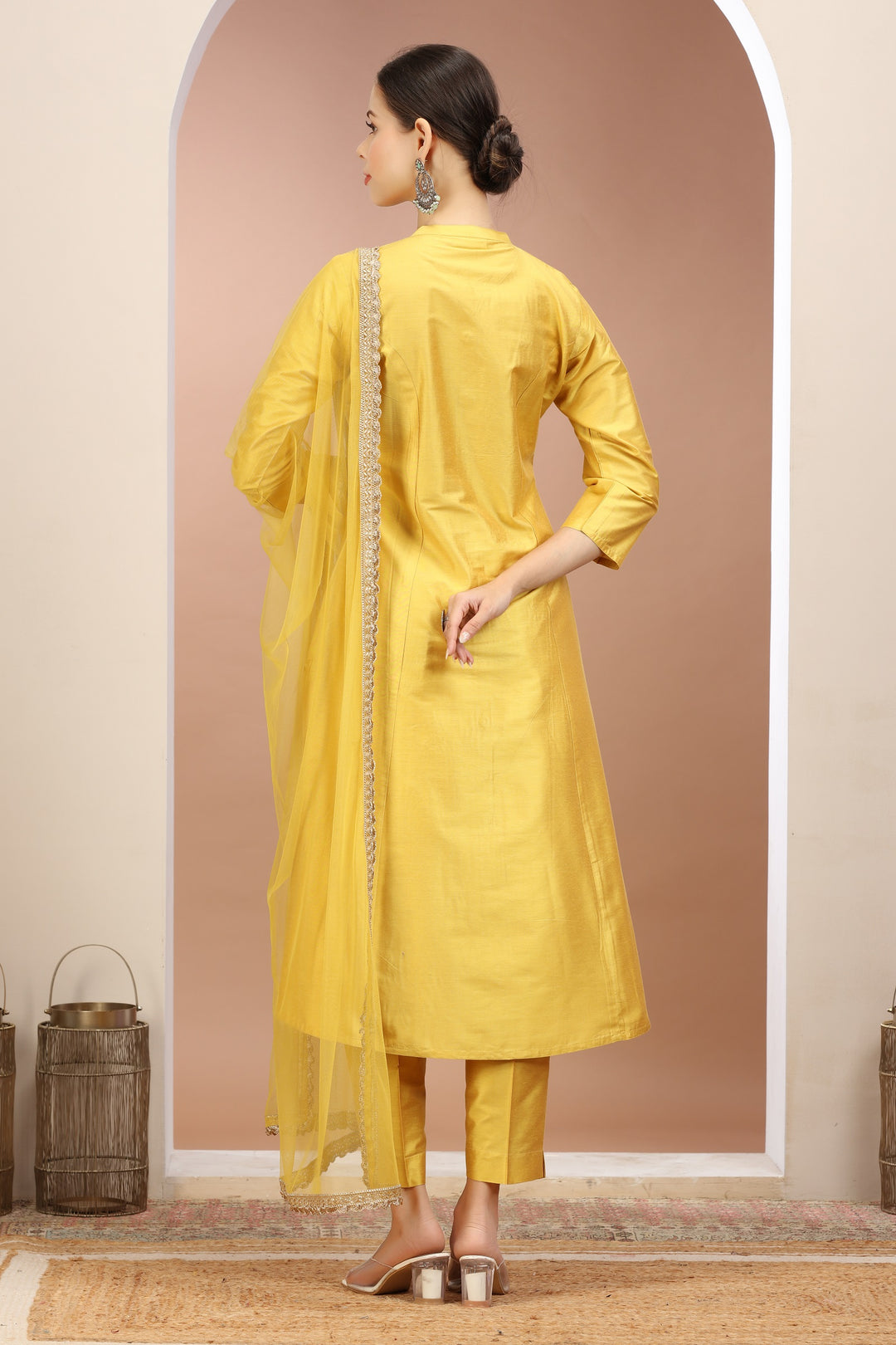 Yellow PolySilk Embroidered A Line Kurta Pants and Dupatta Set