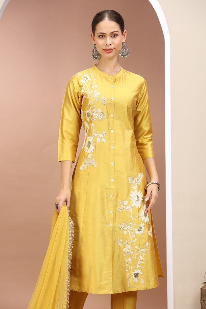 Yellow PolySilk Embroidered A Line Kurta Pants and Dupatta Set