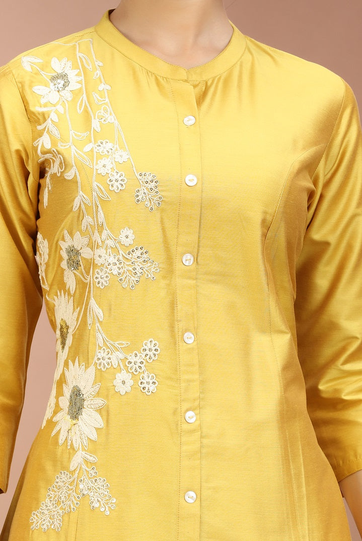 Yellow PolySilk Embroidered A Line Kurta Pants and Dupatta Set