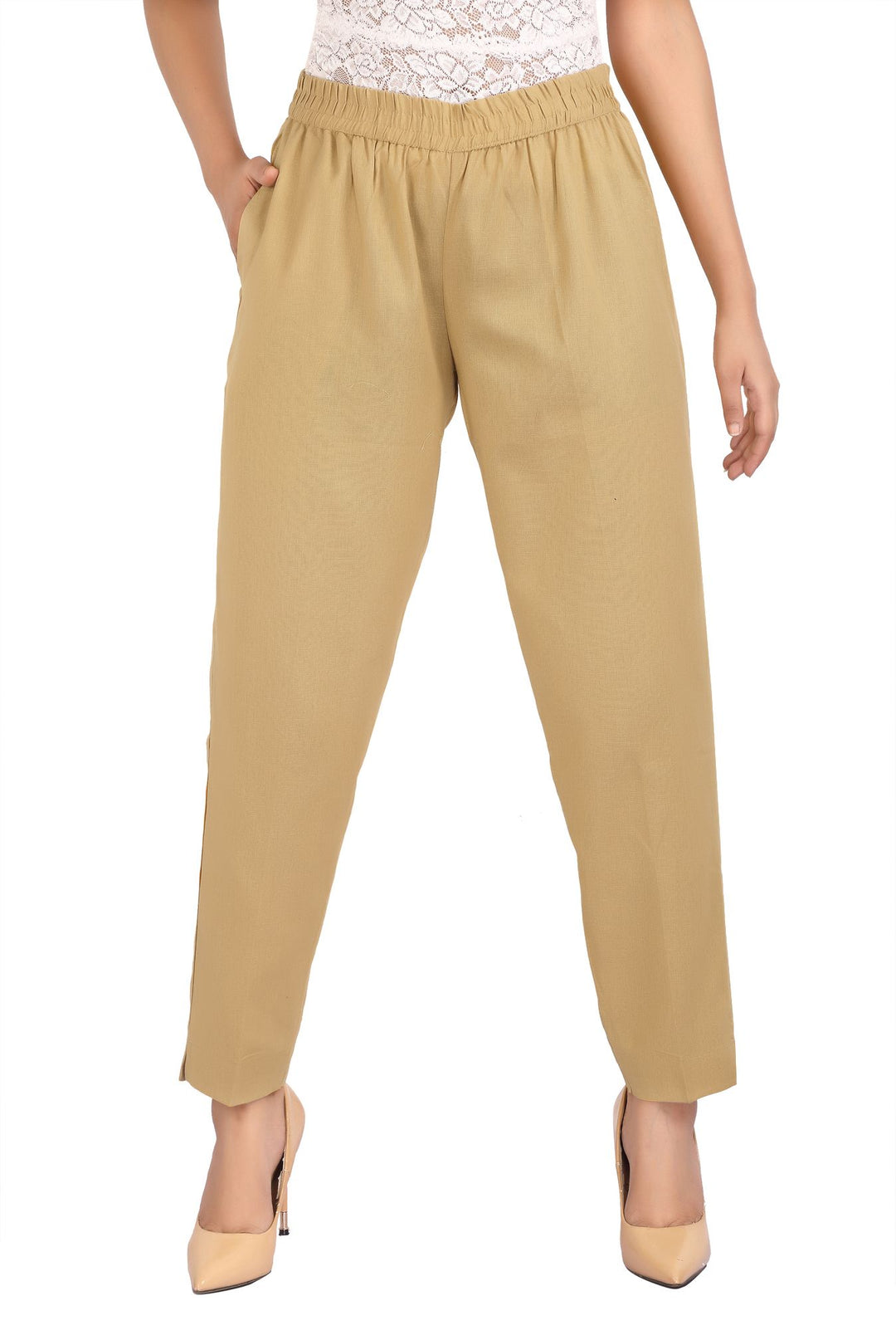 Beige Solid Cotton Pant