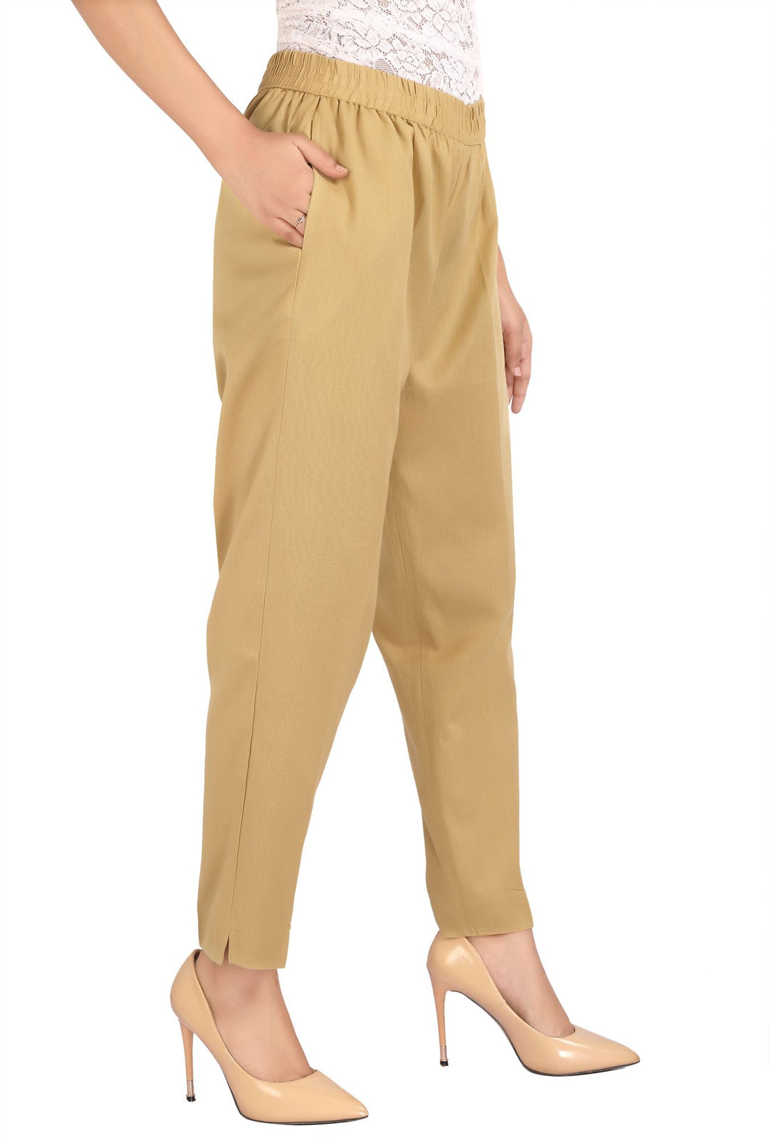 Beige Solid Cotton Pant