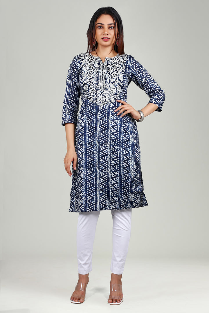 Indigo Cambric Cotton Straight Embroidered Kurta