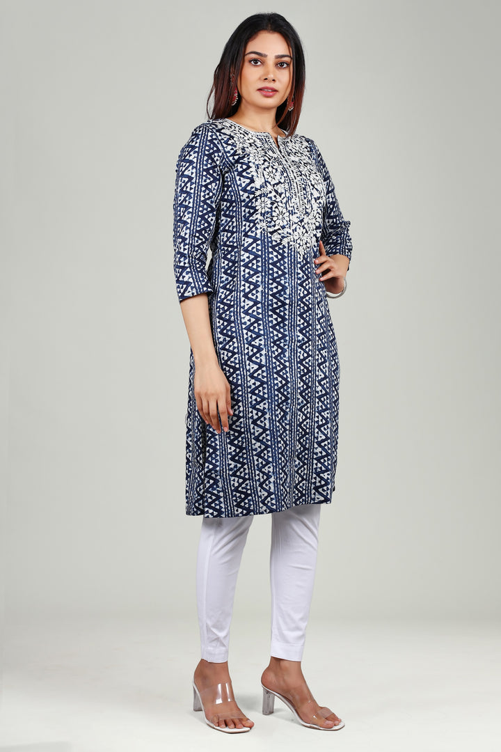 Indigo Cambric Cotton Straight Embroidered Kurta