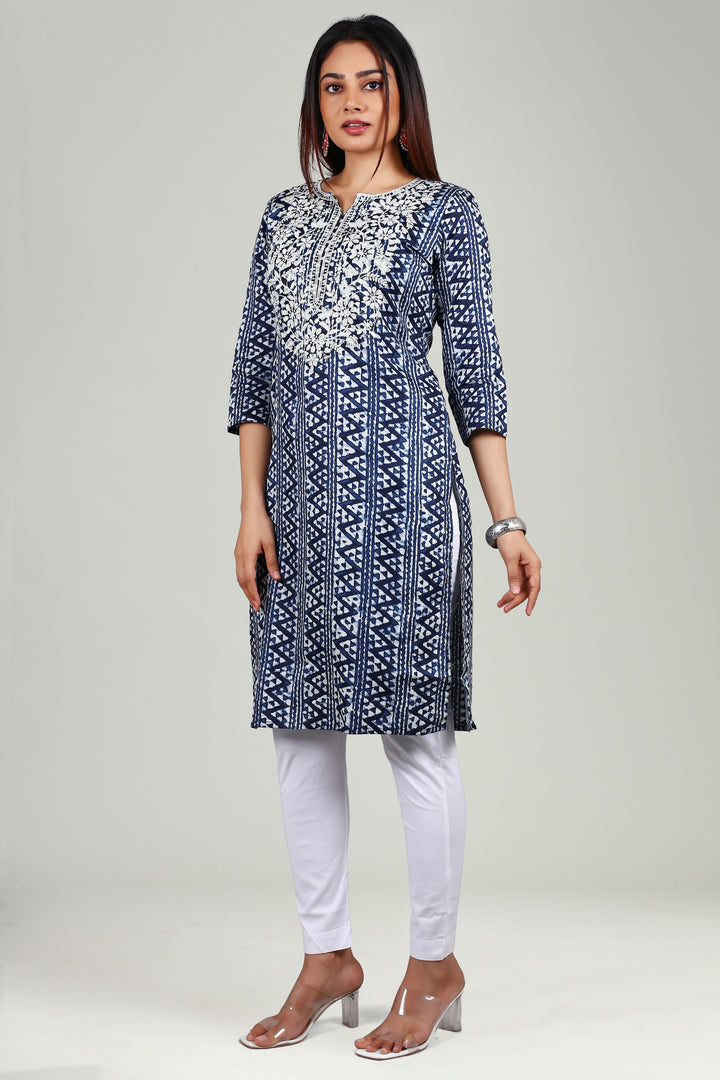 Indigo Cambric Cotton Straight Embroidered Kurta