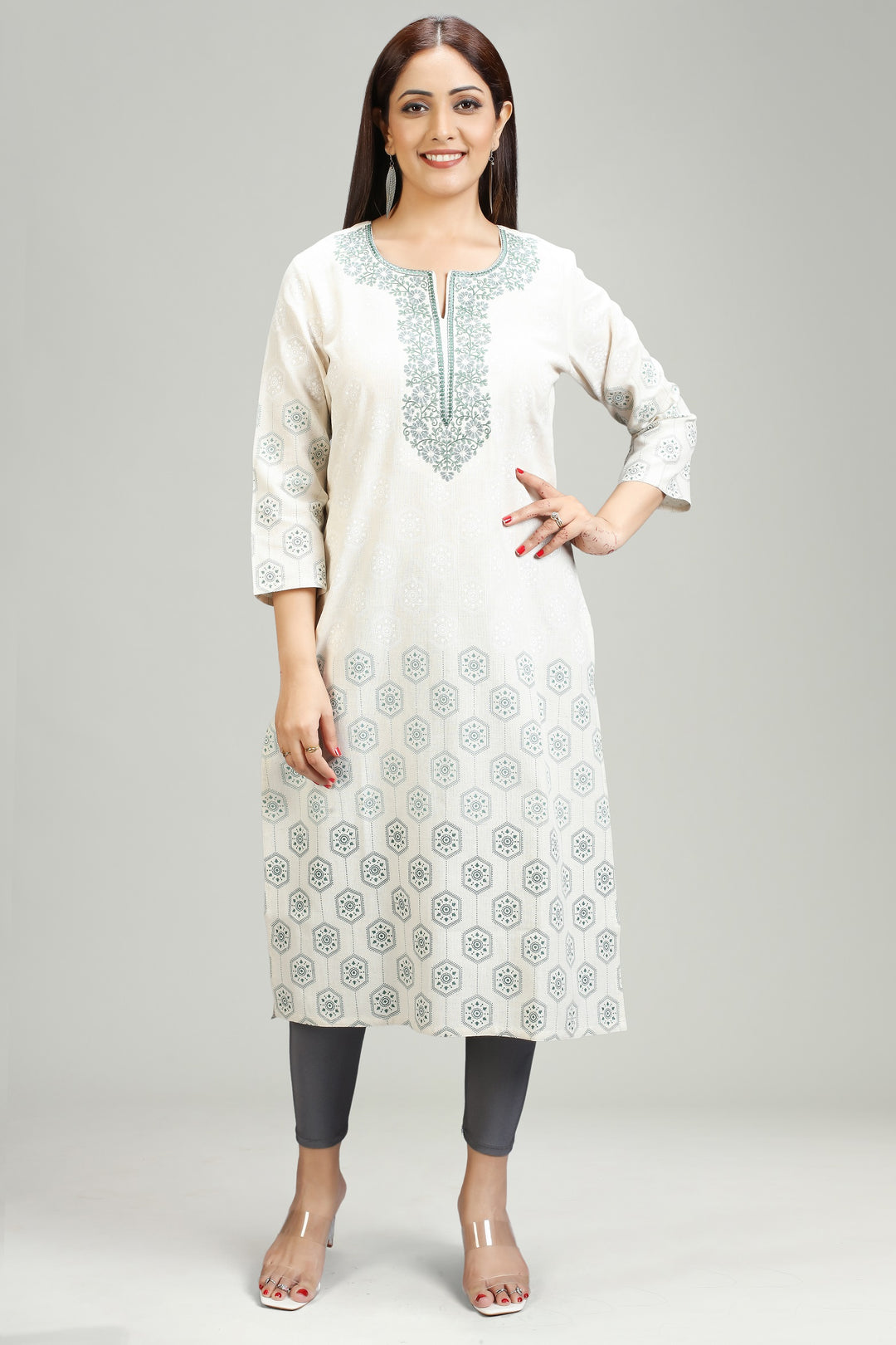 Off White & Green Flax Cotton Straight Embroidered Kurta