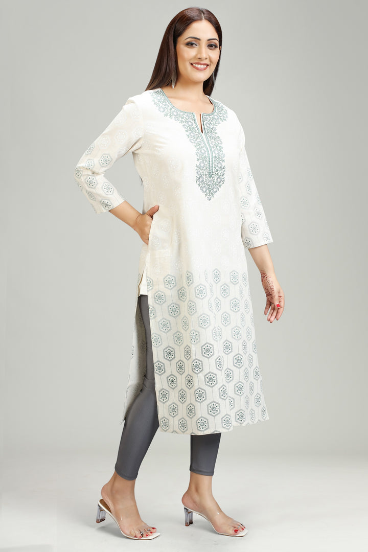 Off White & Green Flax Cotton Straight Embroidered Kurta