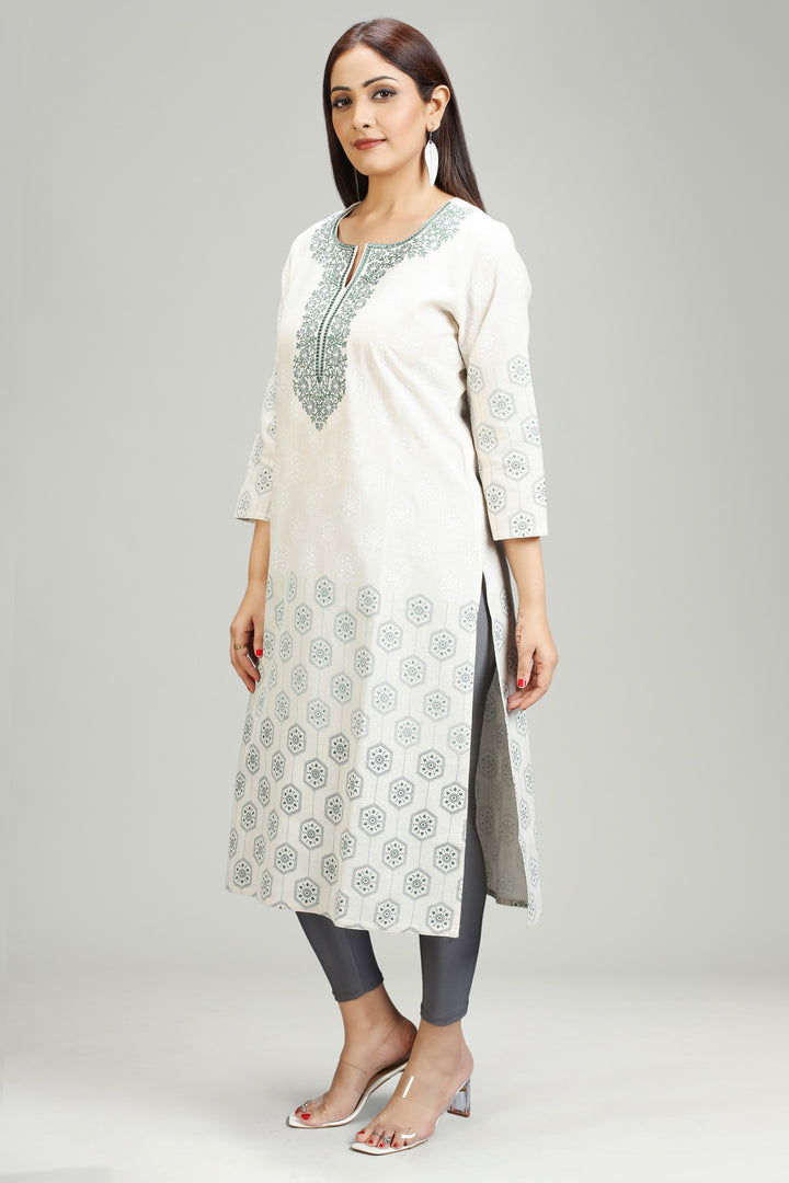 Off White & Green Flax Cotton Straight Embroidered Kurta