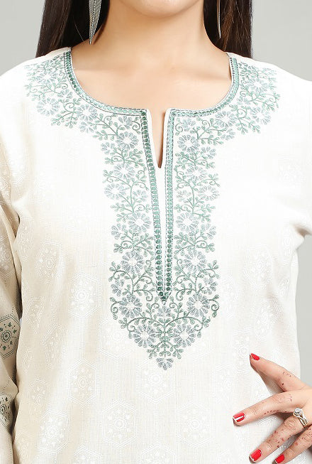 Off White & Green Flax Cotton Straight Embroidered Kurta