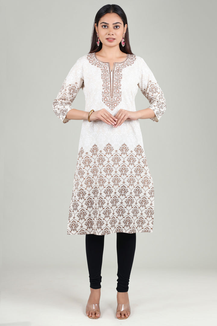 Off White & Brown Flax Cotton Straight Embroidered Kurta