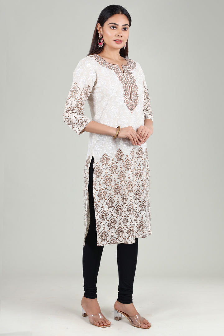 Off White & Brown Flax Cotton Straight Embroidered Kurta