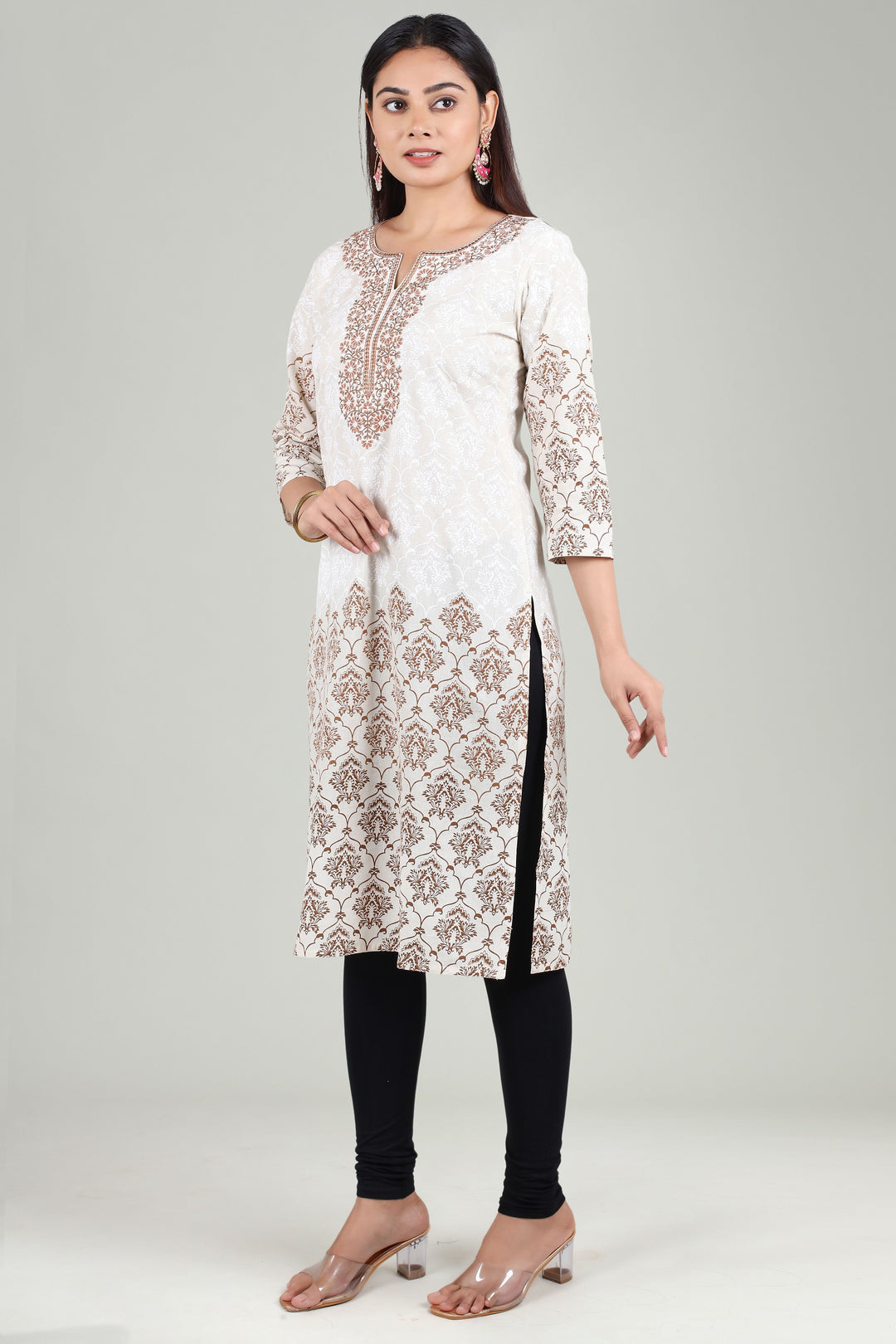 Off White & Brown Flax Cotton Straight Embroidered Kurta