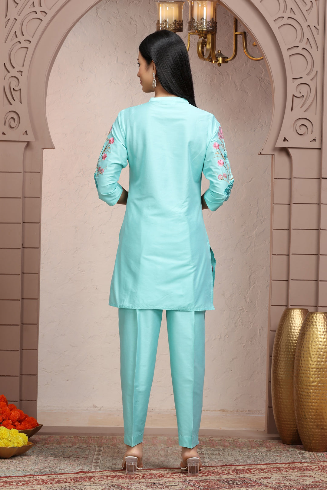 Firozi PolySilk Straight Embroidered Kurta Pant Co ord Set