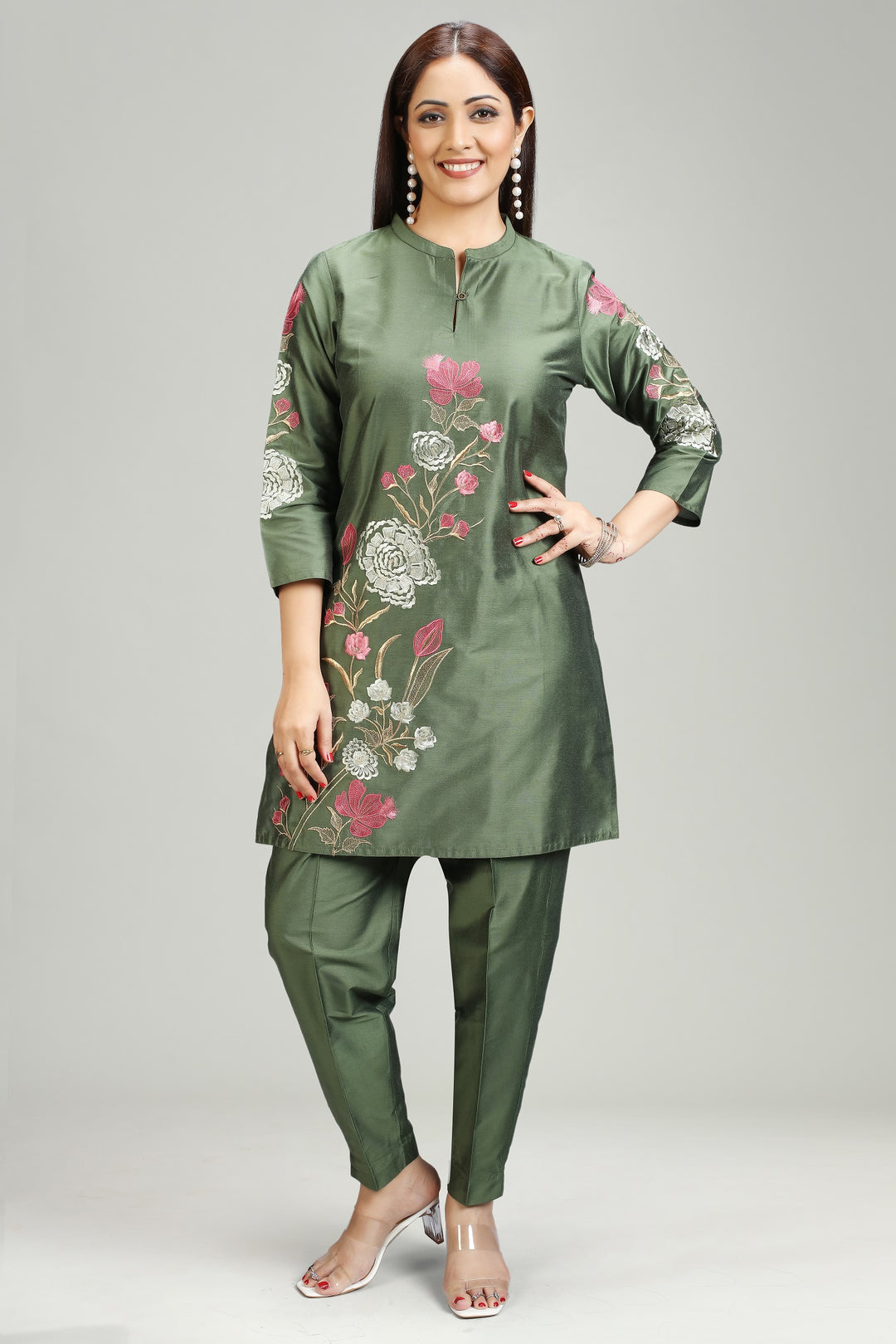 Mehndi Green PolySilk Straight Embroidered Kurta Pant Co ord Set