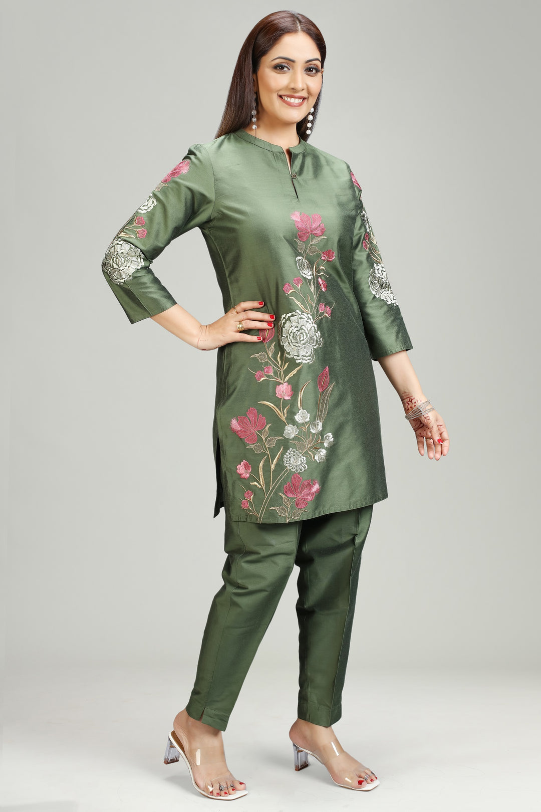 Mehndi Green PolySilk Straight Embroidered Kurta Pant Co ord Set