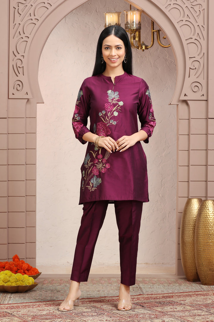 Purple PolySilk Straight Embroidered Kurta Pant Co ord Set