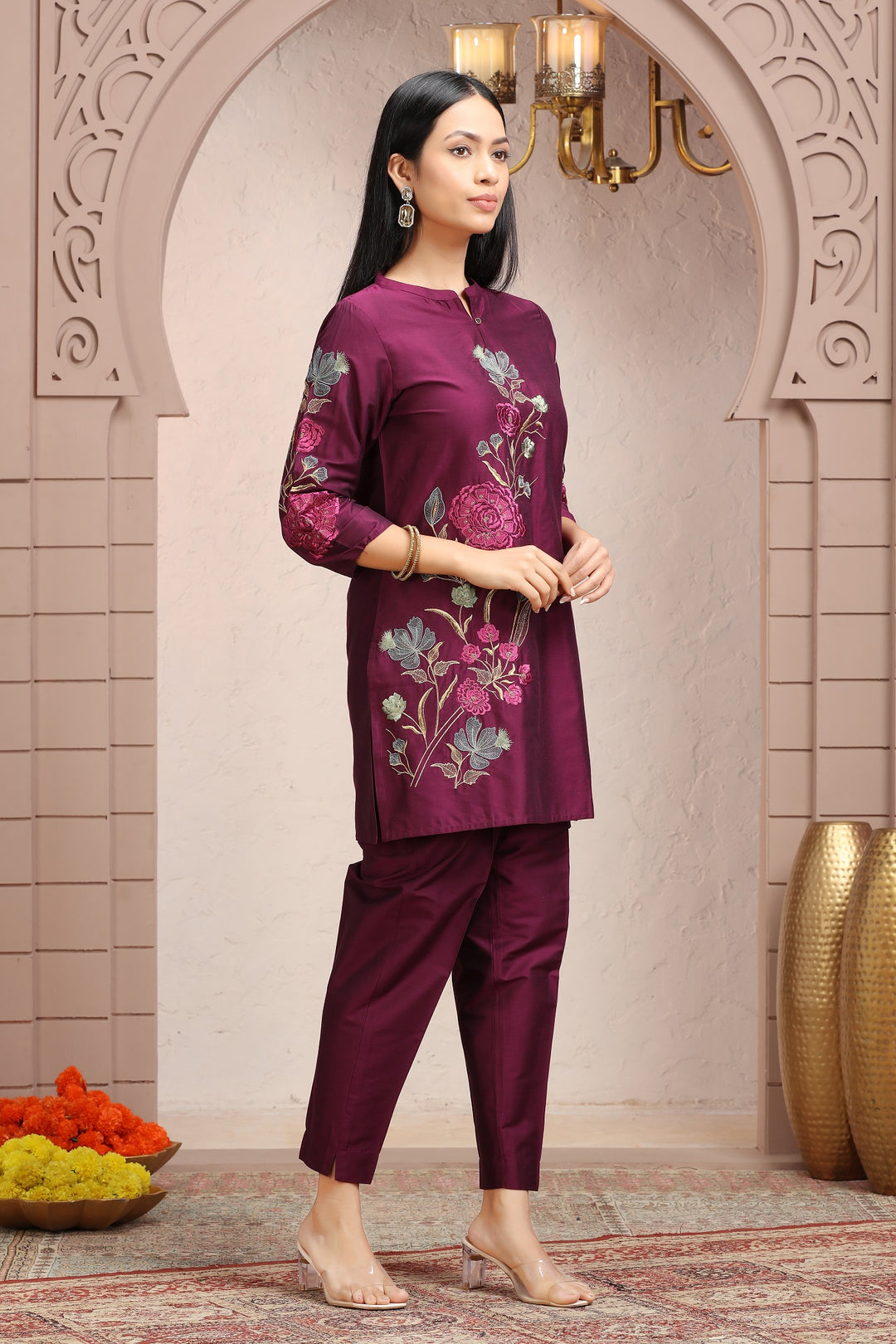 Purple PolySilk Straight Embroidered Kurta Pant Co ord Set