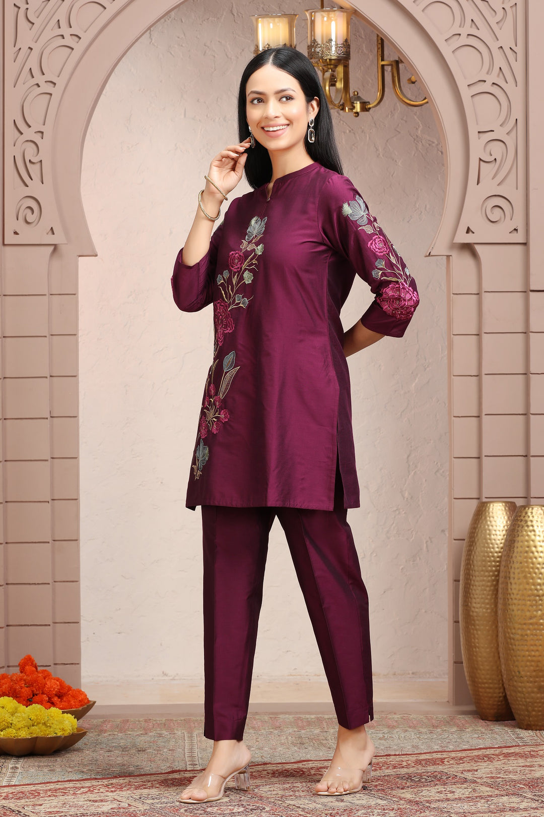 Purple PolySilk Straight Embroidered Kurta Pant Co ord Set