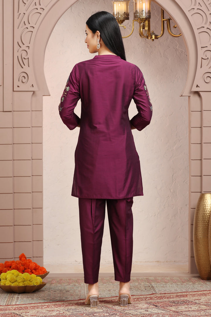 Purple PolySilk Straight Embroidered Kurta Pant Co ord Set