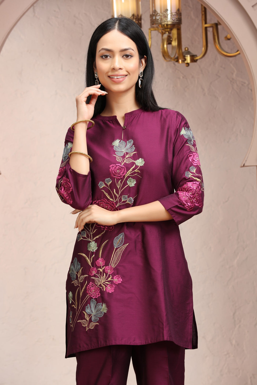 Purple PolySilk Straight Embroidered Kurta Pant Co ord Set