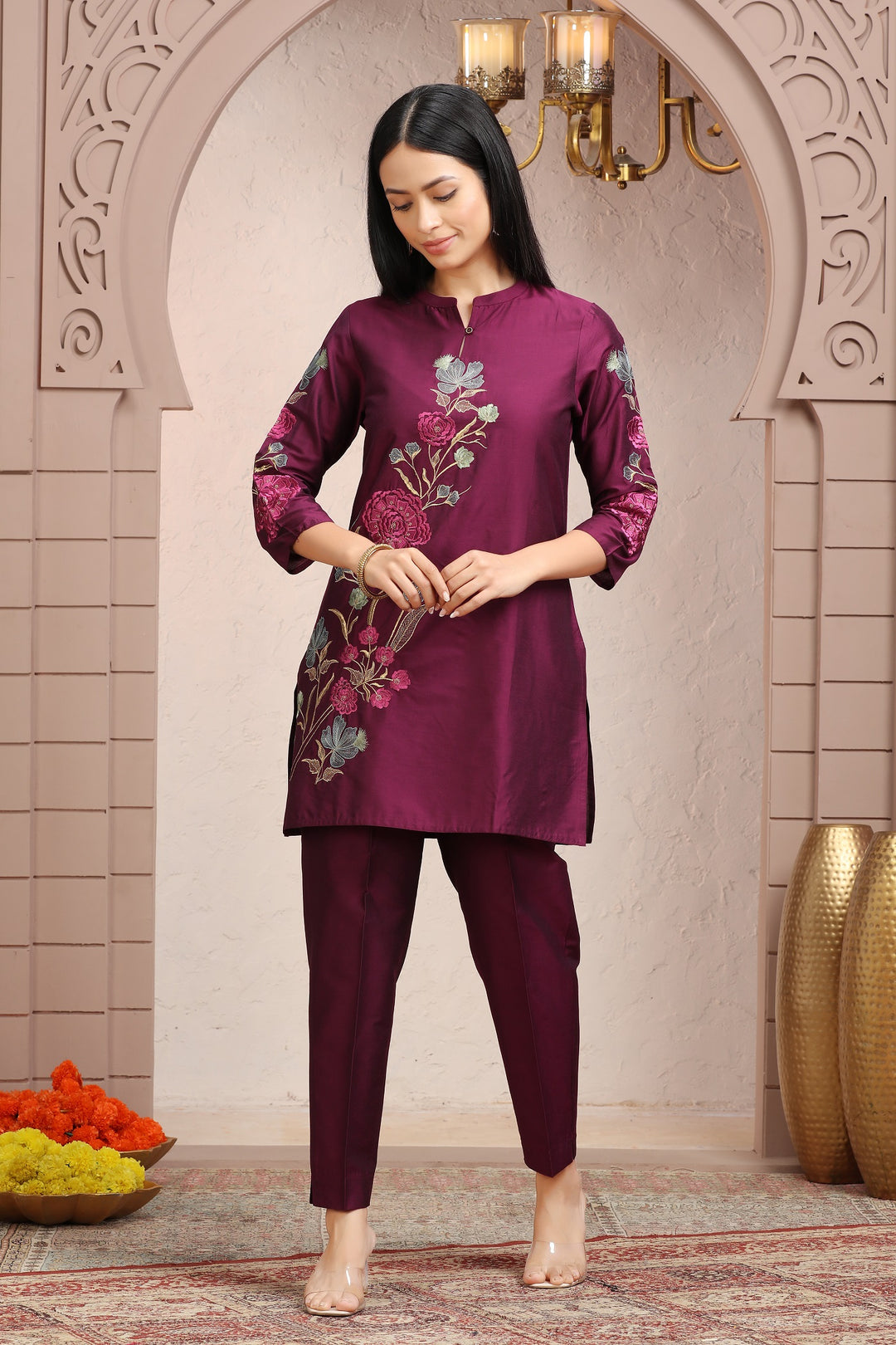 Purple PolySilk Straight Embroidered Kurta Pant Co ord Set