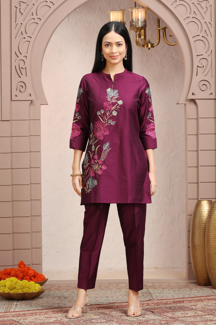 Purple PolySilk Straight Embroidered Kurta Pant Co ord Set