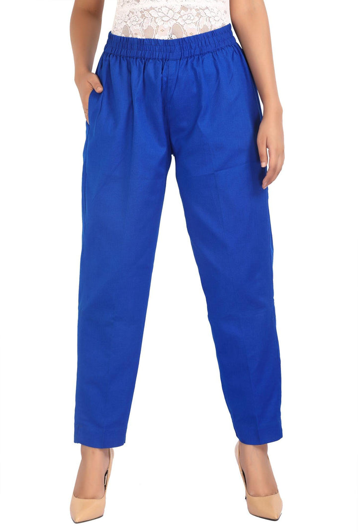 Blue Solid Cotton Pant