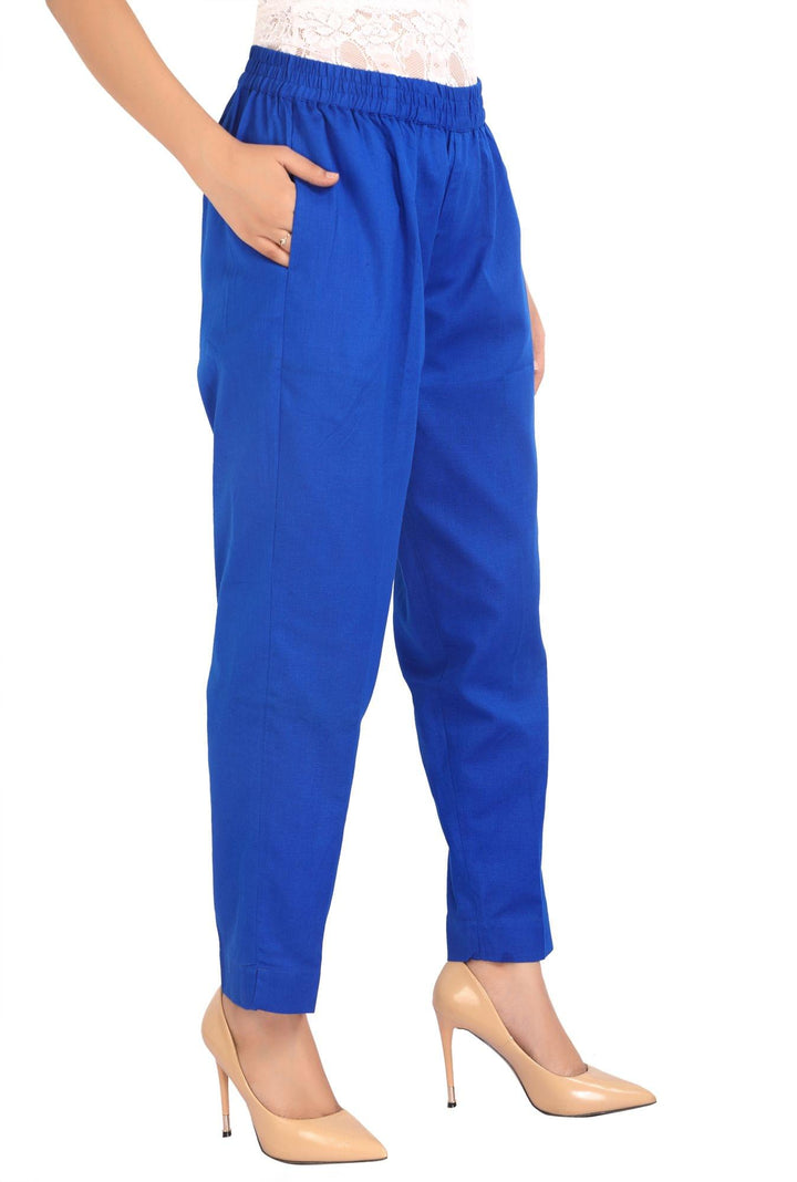 Blue Solid Cotton Pant