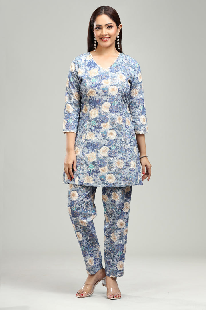 Blue Flax Cotton Straight Printed Kurta Pant Co ord Set