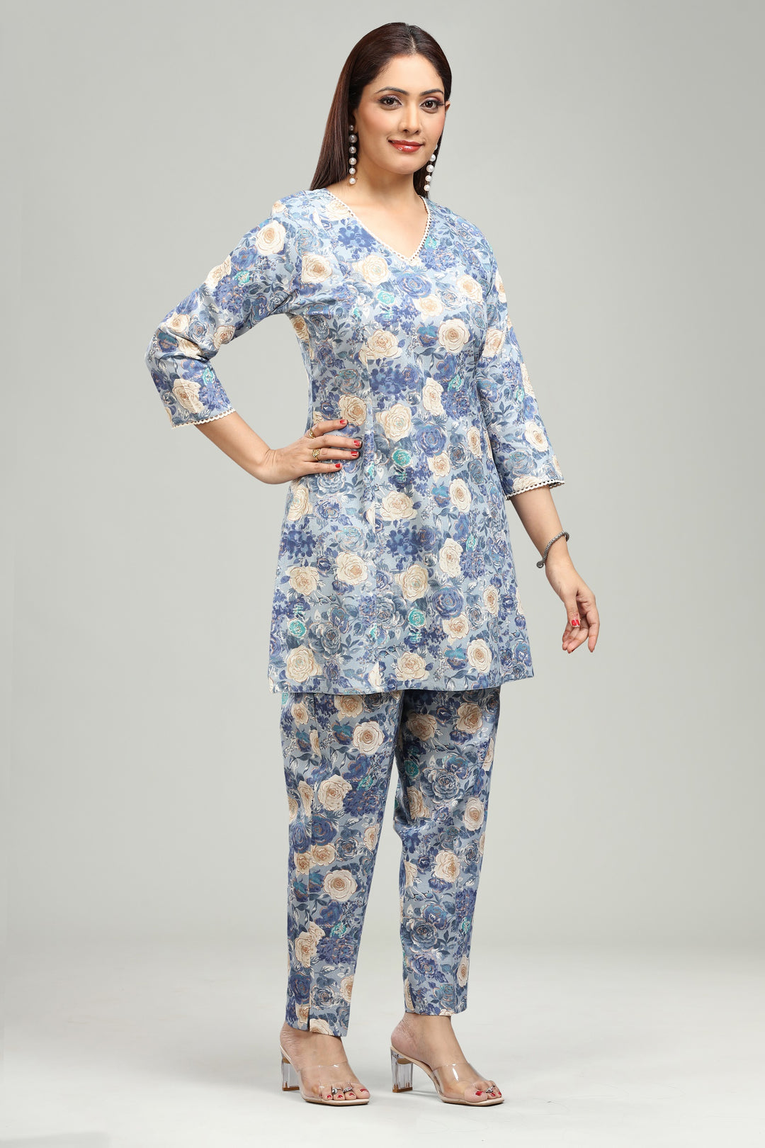 Blue Flax Cotton Straight Printed Kurta Pant Co ord Set