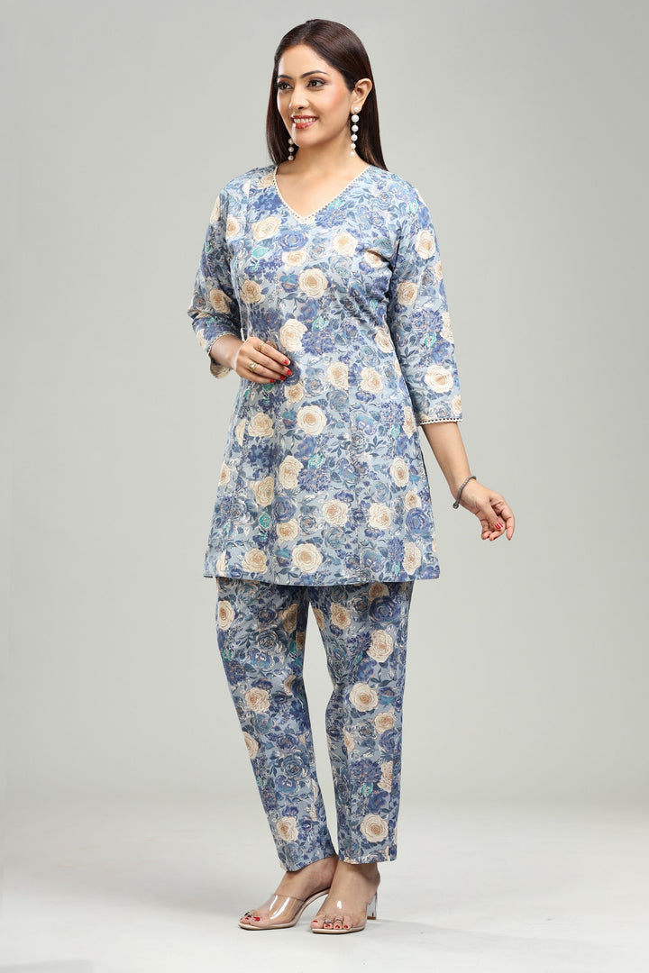 Blue Flax Cotton Straight Printed Kurta Pant Co ord Set