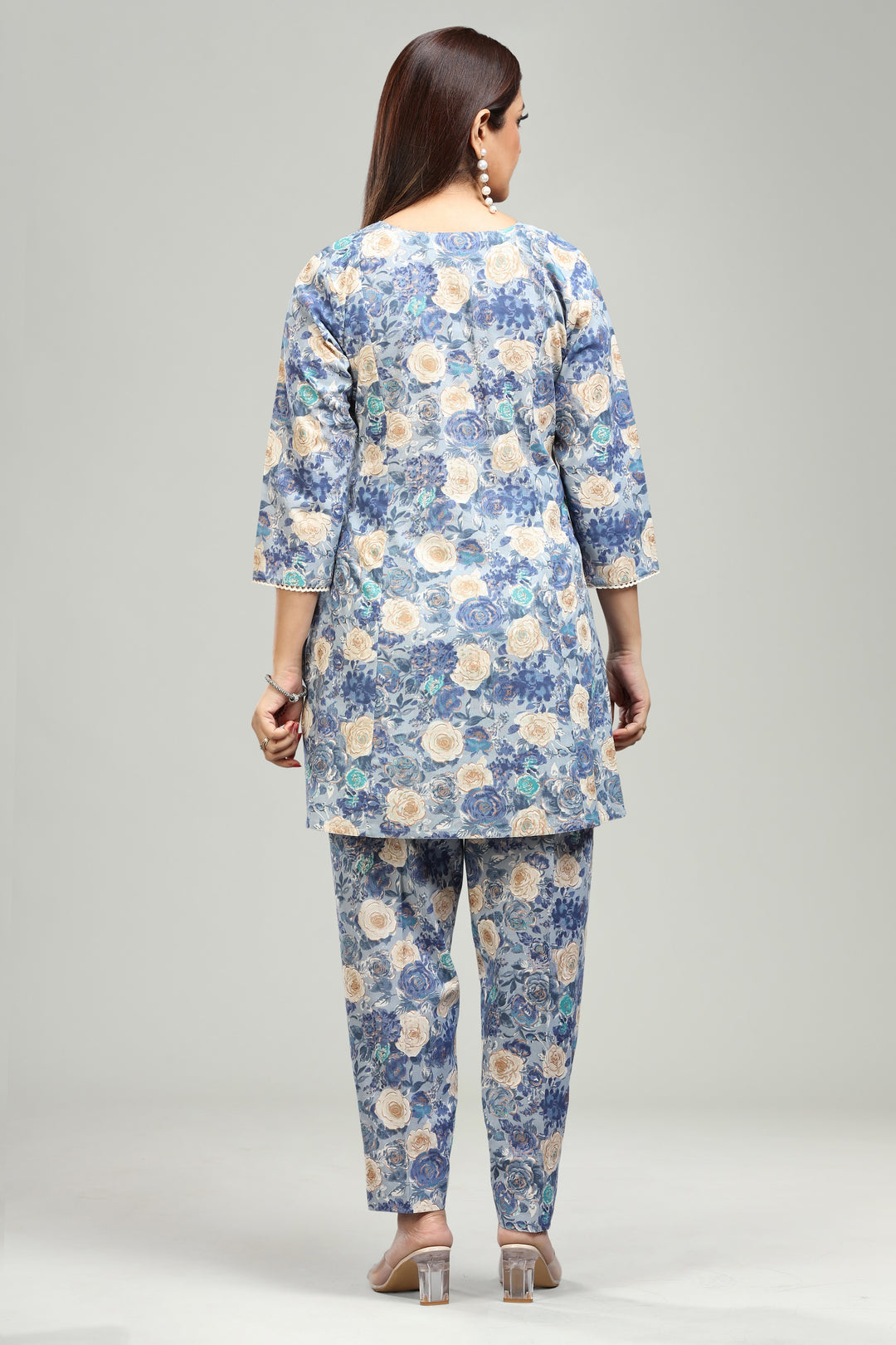 Blue Flax Cotton Straight Printed Kurta Pant Co ord Set