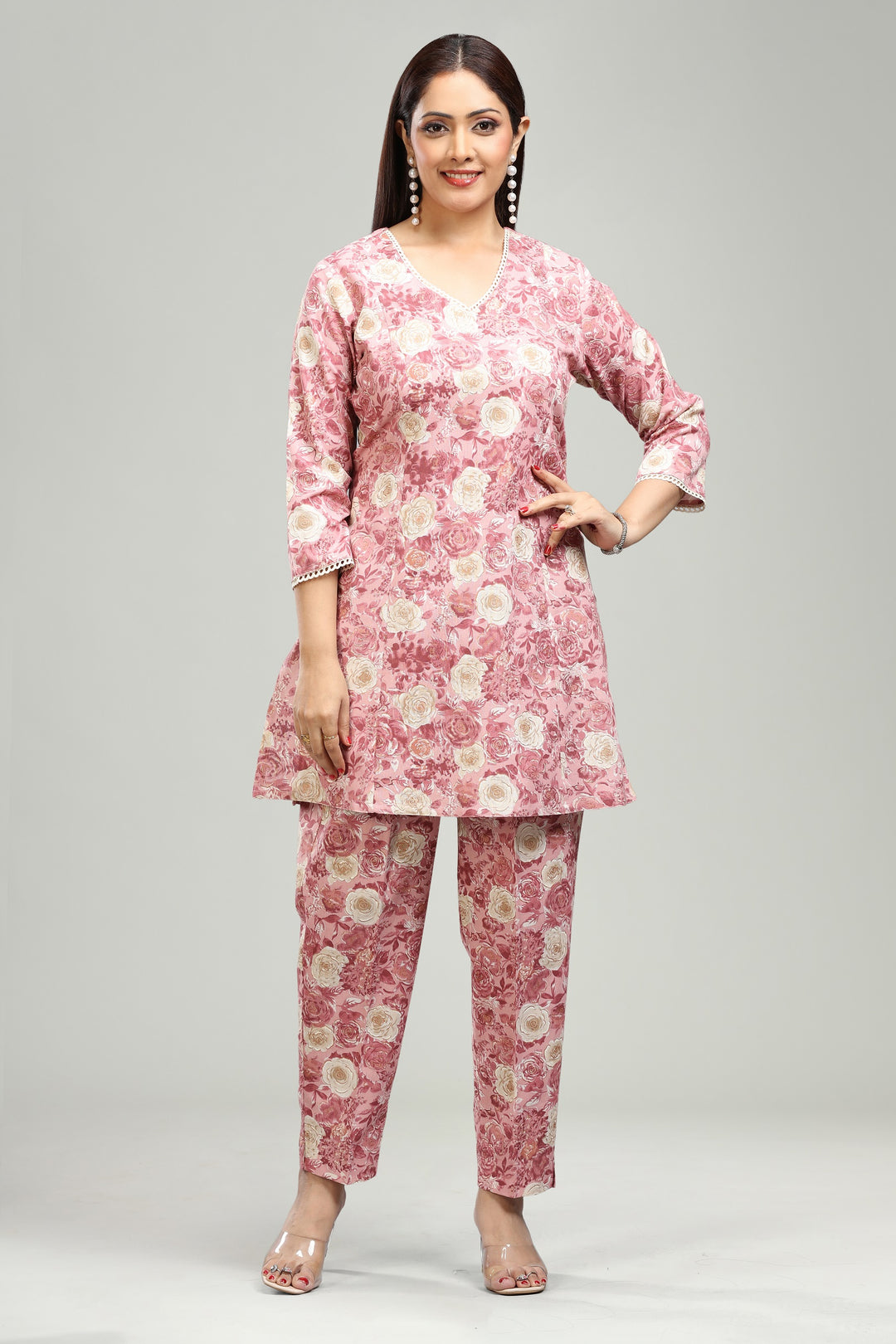 Peach Flax Cotton Straight Printed Kurta Pant Co ord Set