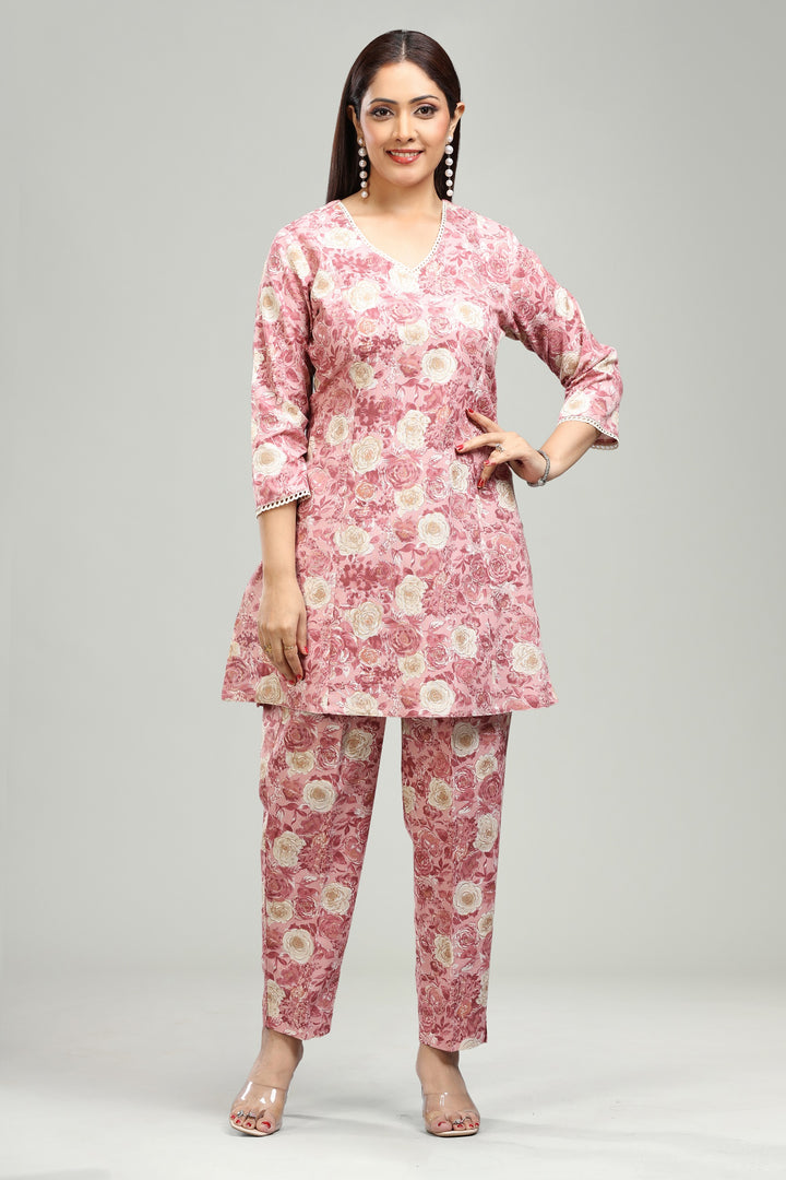 Peach Flax Cotton Straight Printed Kurta Pant Co ord Set