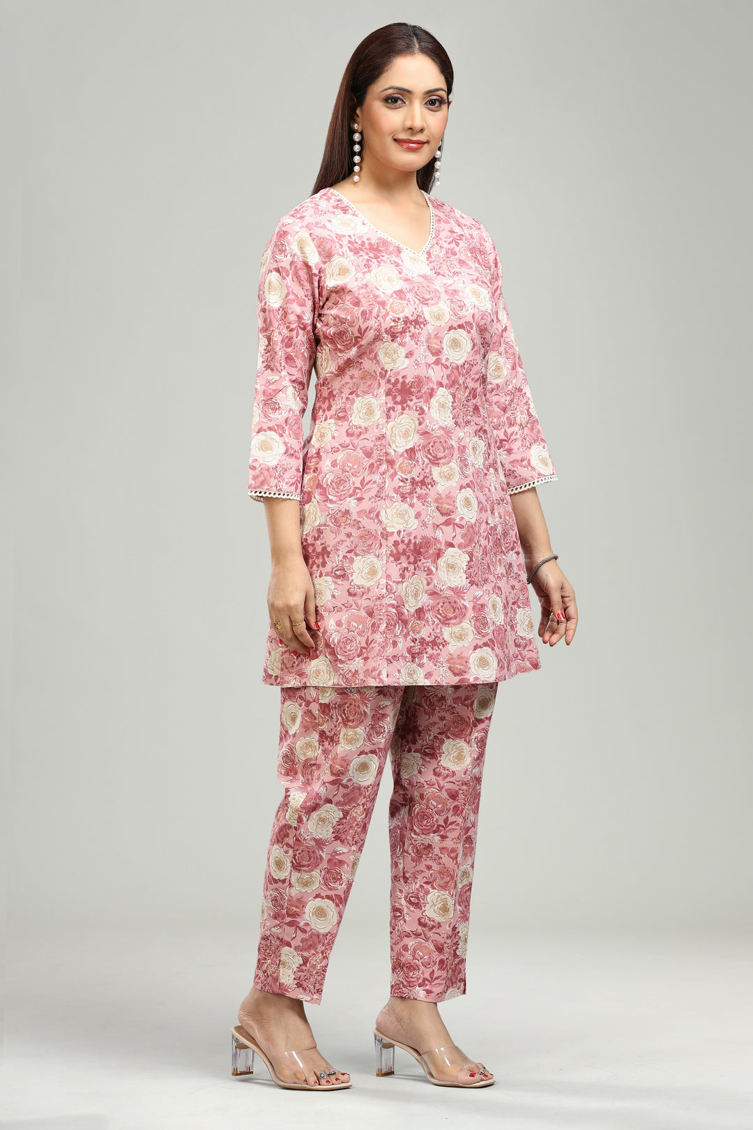 Peach Flax Cotton Straight Printed Kurta Pant Co ord Set