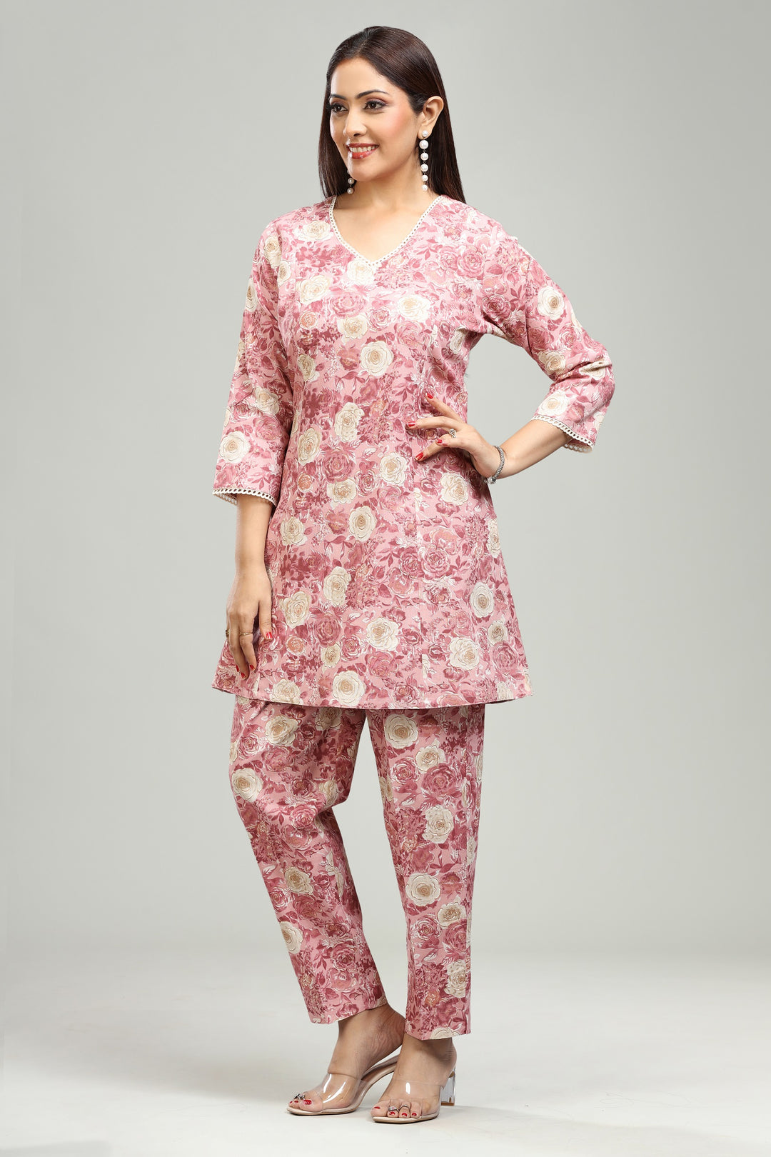 Peach Flax Cotton Straight Printed Kurta Pant Co ord Set