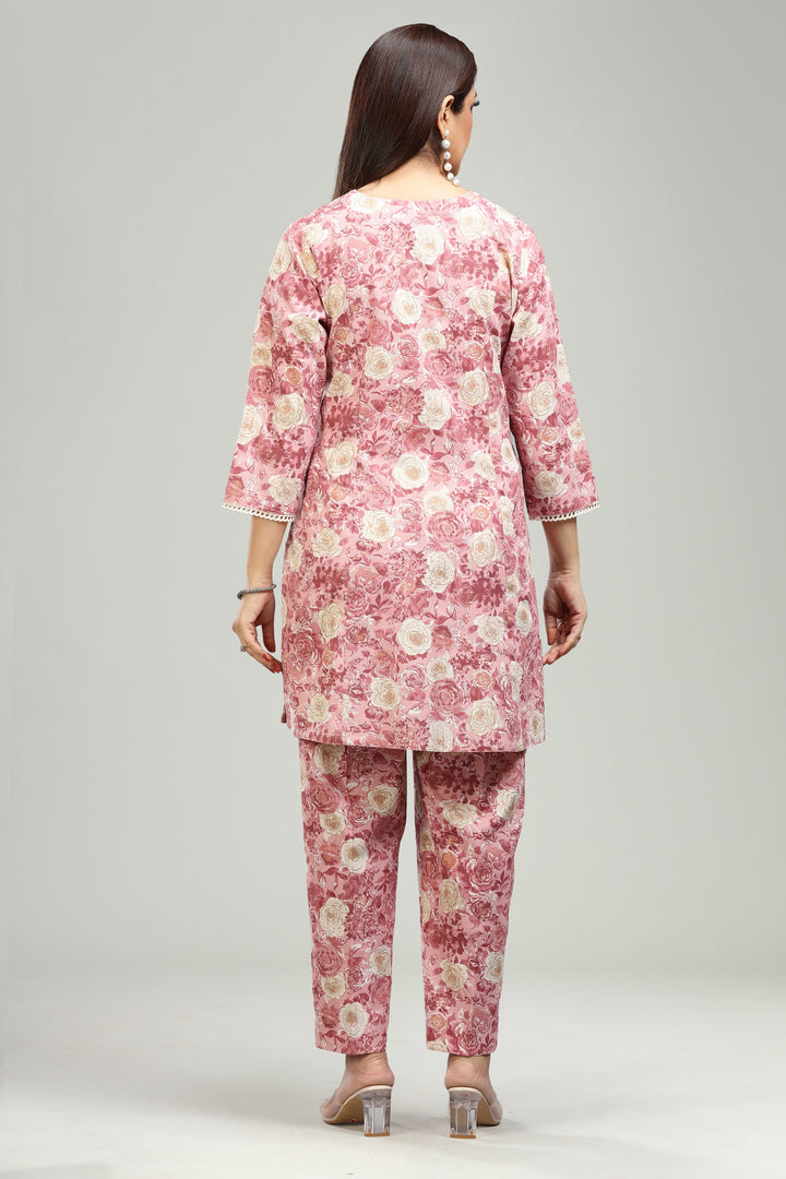 Peach Flax Cotton Straight Printed Kurta Pant Co ord Set