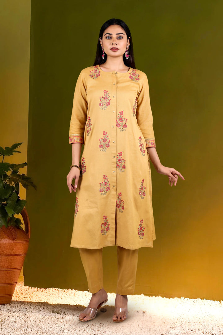 Beige Slub Cotton Straight Embroidered Kurta Pant Co ord Set