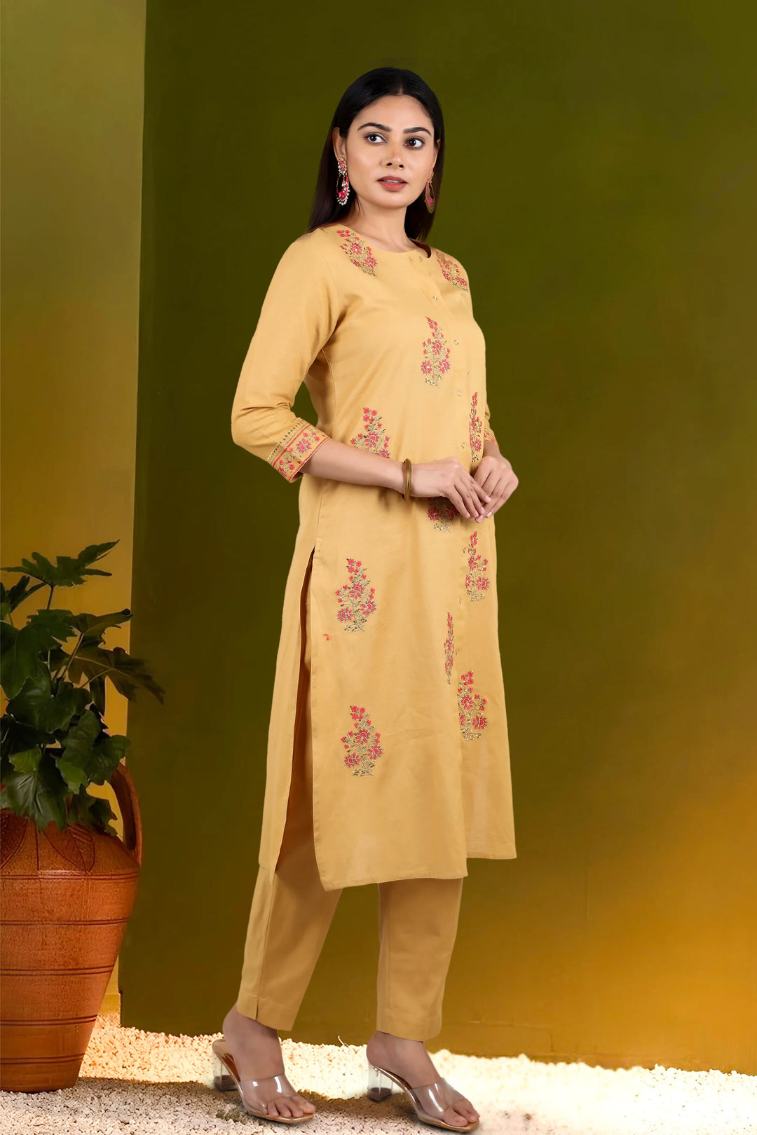 Beige Slub Cotton Straight Embroidered Kurta Pant Co ord Set