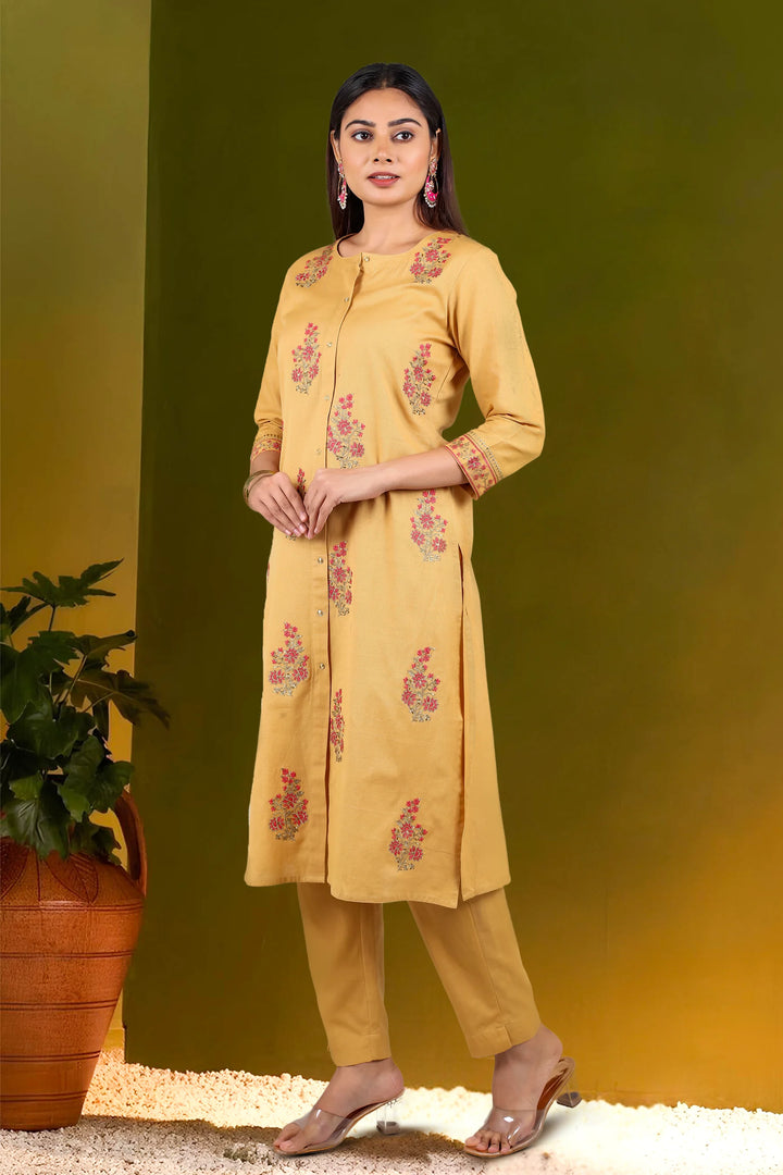 Beige Slub Cotton Straight Embroidered Kurta Pant Co ord Set