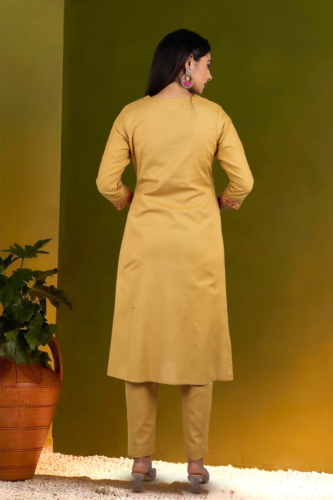 Beige Slub Cotton Straight Embroidered Kurta Pant Co ord Set