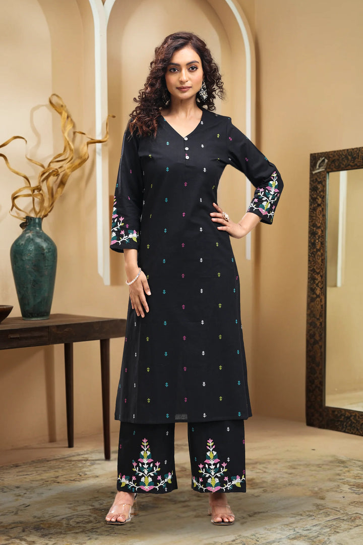 Black Handloom Cotton A Line Printed Kurta Pant Co ord Set