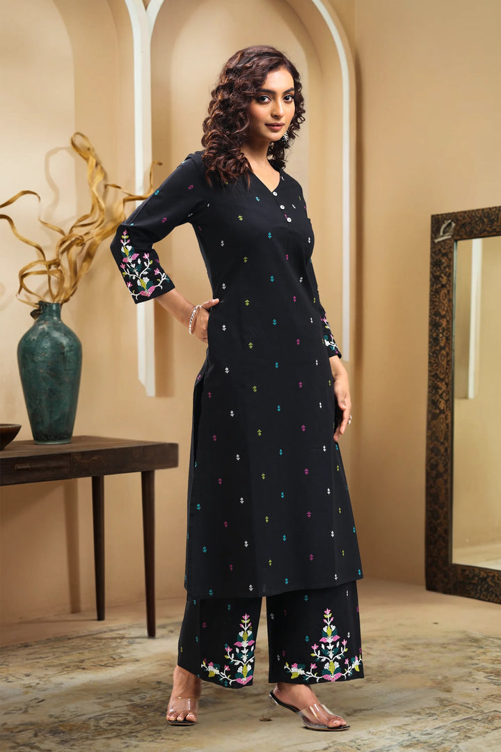 Black Handloom Cotton A Line Printed Kurta Pant Co ord Set