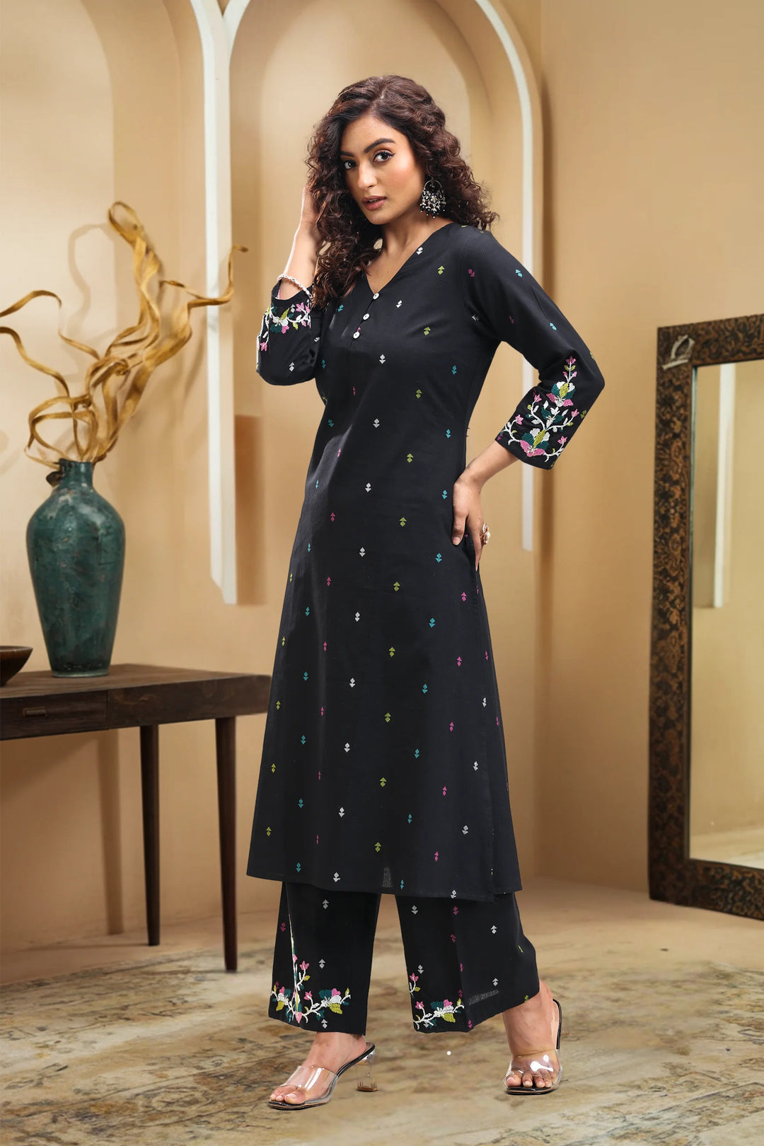 Black Handloom Cotton A Line Printed Kurta Pant Co ord Set