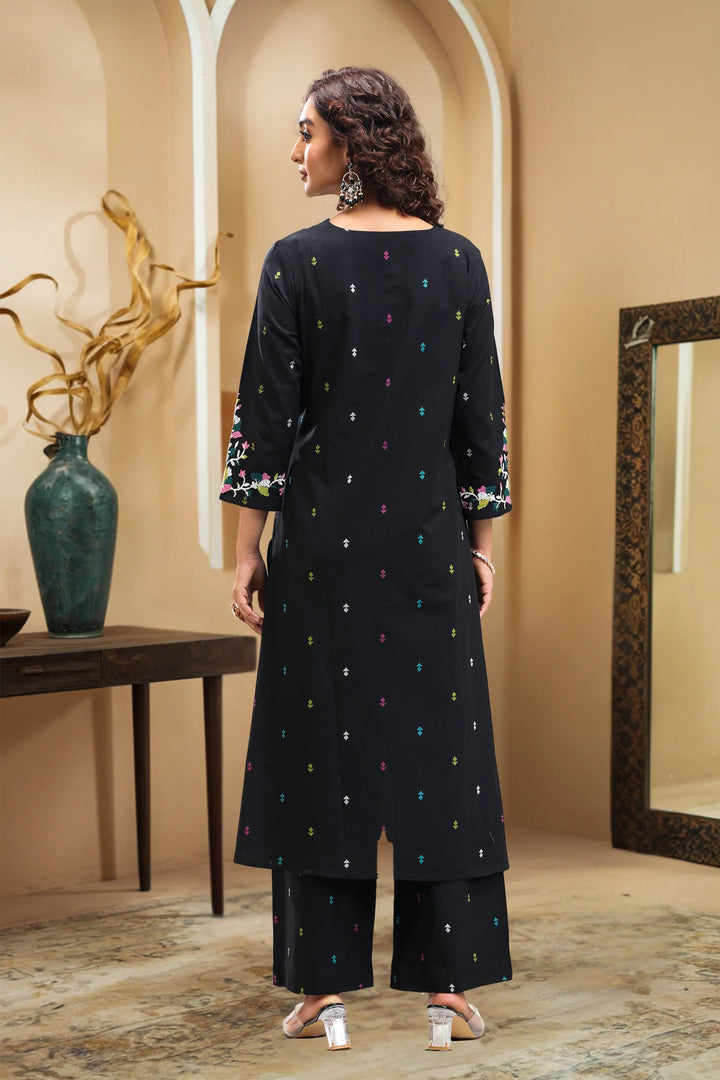 Black Handloom Cotton A Line Printed Kurta Pant Co ord Set