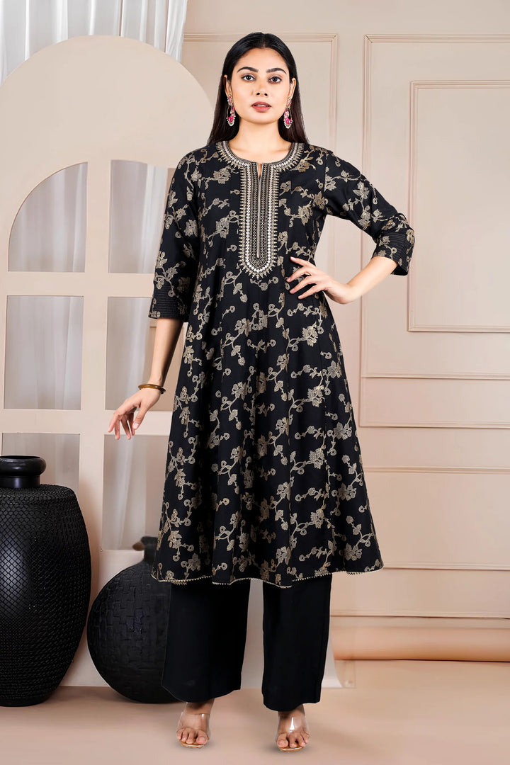 Black PolySilk A Line Yarndyed Kurta Pant Co ord Set