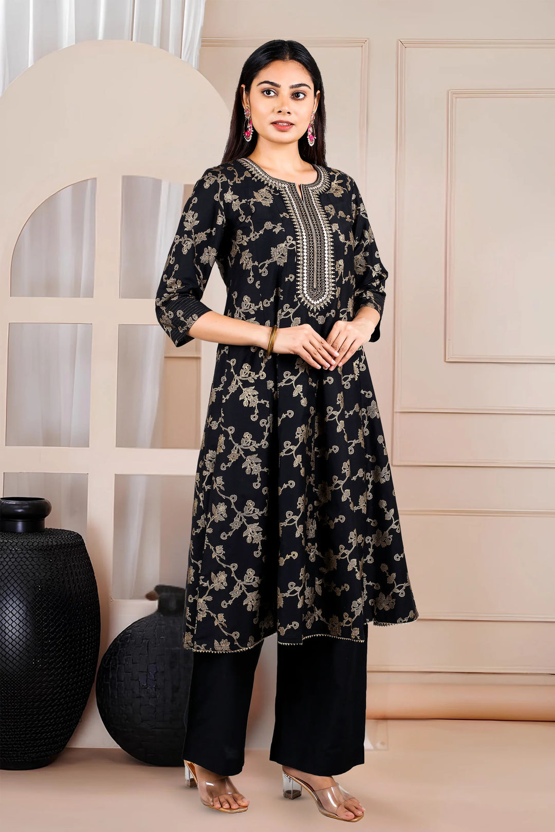 Black PolySilk A Line Yarndyed Kurta Pant Co ord Set