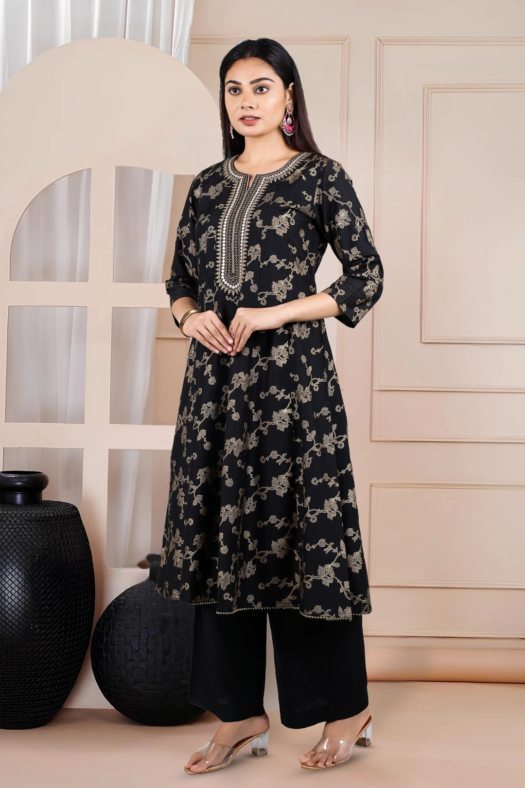 Black PolySilk A Line Yarndyed Kurta Pant Co ord Set