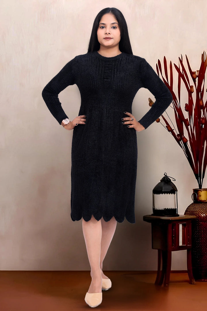 Black Wool Blend Bodycon Flared Dress