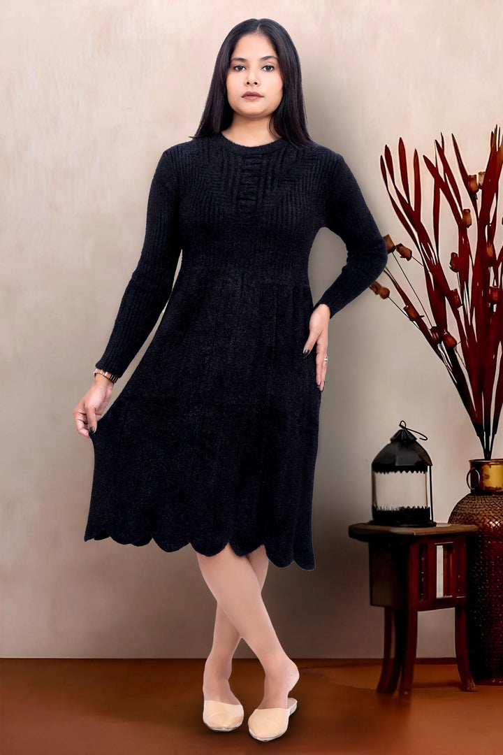 Black Wool Blend Bodycon Flared Dress