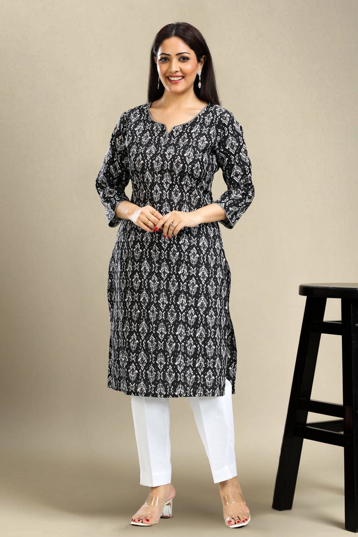 Black Cotton Straight Printed Kurta